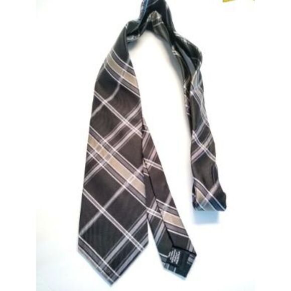 Croft and Barrow Black Brown, Silver Plaid Necktie Woven Tie - Picture 1 of 5